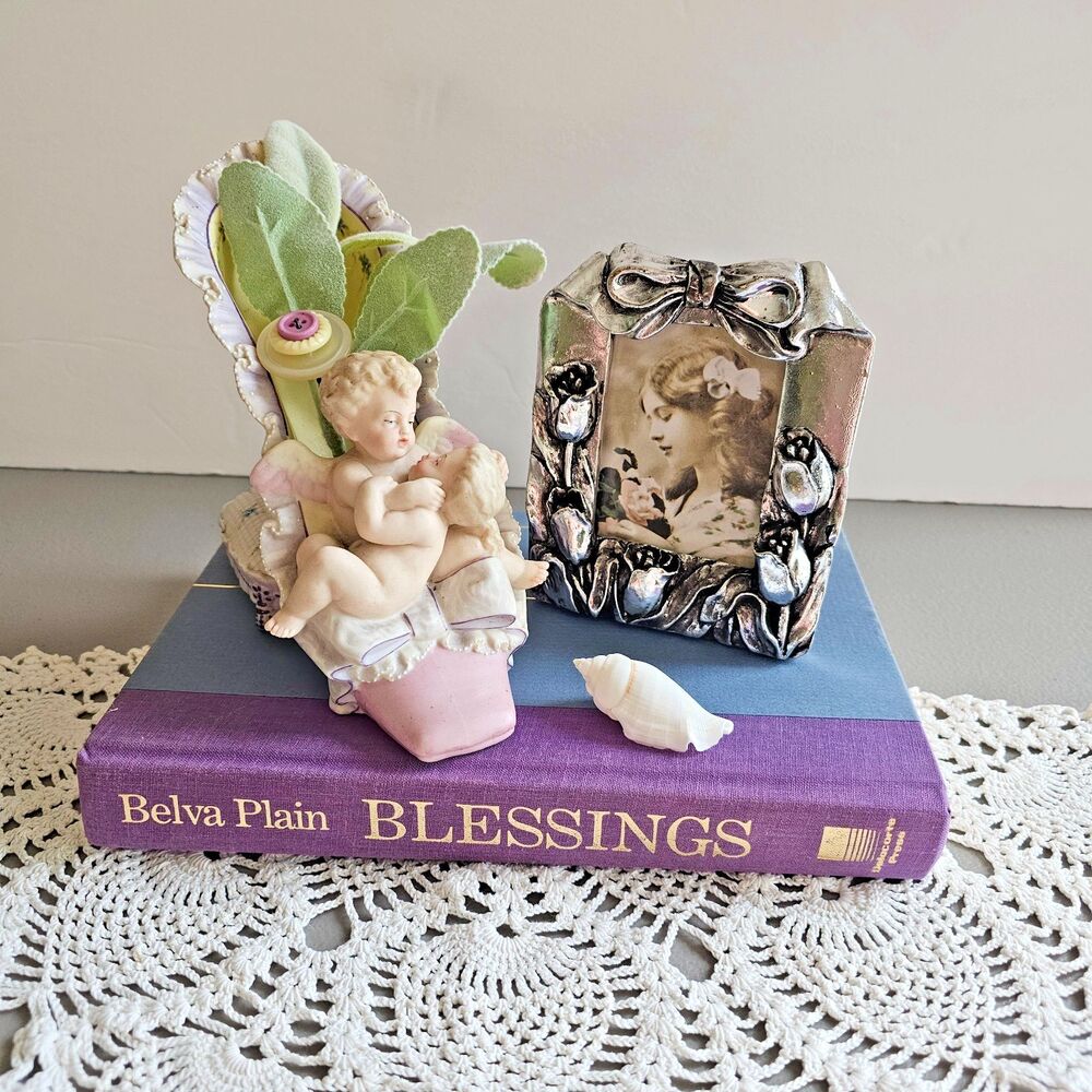 Decorative Vignette Porcelain Shoe Silver Metal Frame Romance Shabby Chic Purple